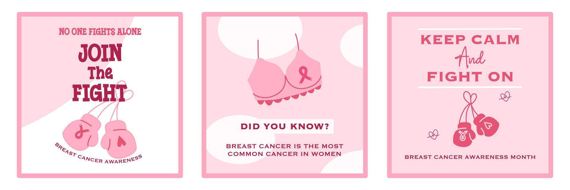 Set of October Breast Cancer awareness month template with pink ribbon and motivational text for social media posting, banner, flyer, and poster vector