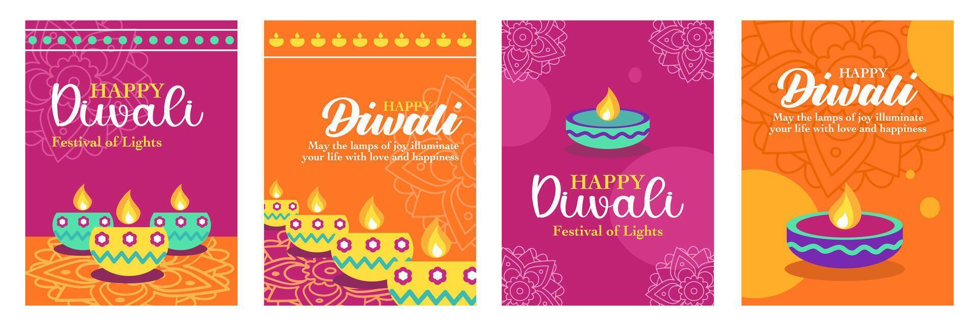 Diwali Hindu festival of lights greeting design set with oil lamp, lanterns and rangoli for branding, social media, greeting card, web banner, cover, flyer or poster vector
