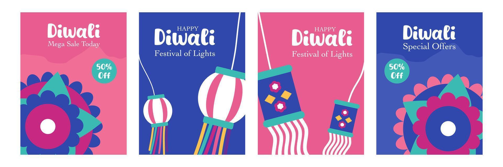 Diwali Hindu festival of lights greeting set with oil lamp, lanterns and rangoli for branding, social media, greeting card, web banner, cover, flyer and poster vector