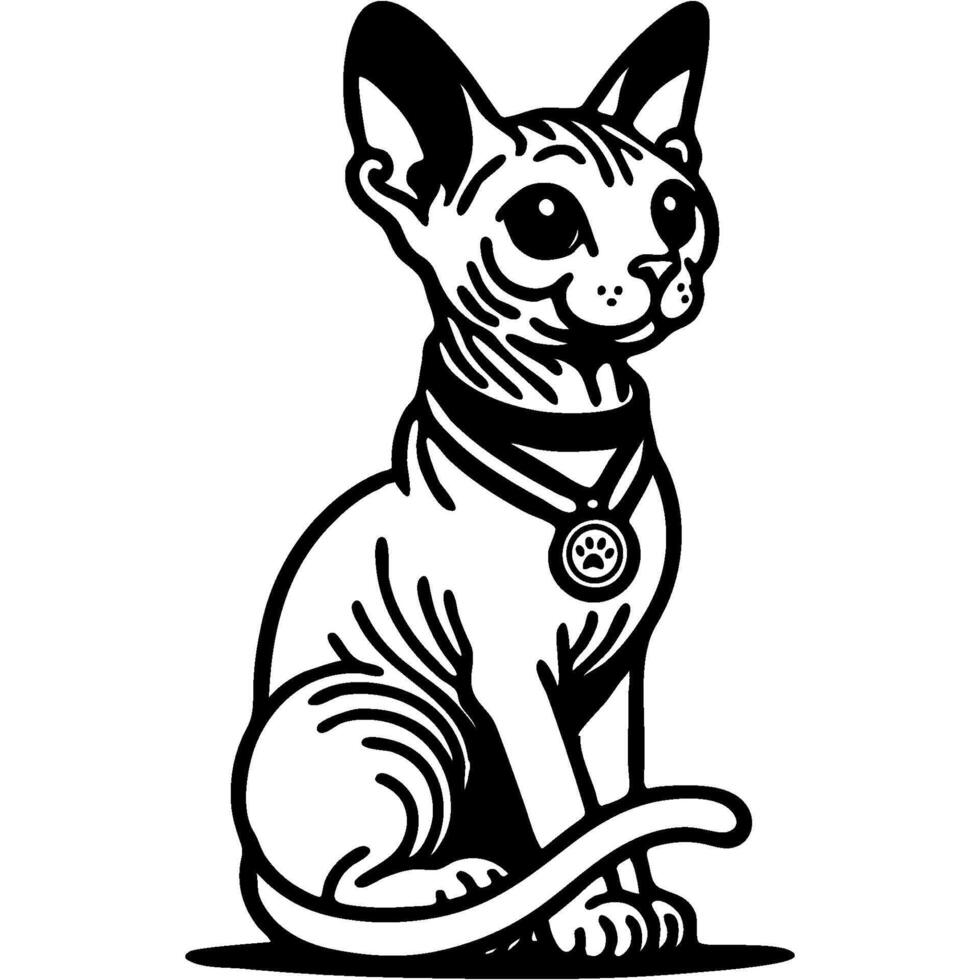 Sphynx cat with a cat show winner medal on her neck in monochrome. Simple minimalistic in black ink drawing on white background vector
