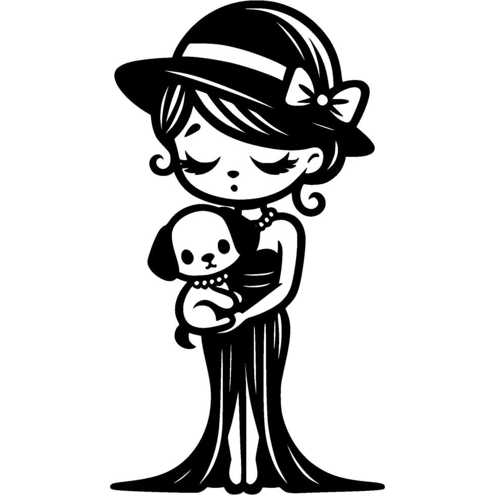 Lady holds a small terrier puppy in her arms in monochrome. Simple minimalistic in black ink drawing on white background vector