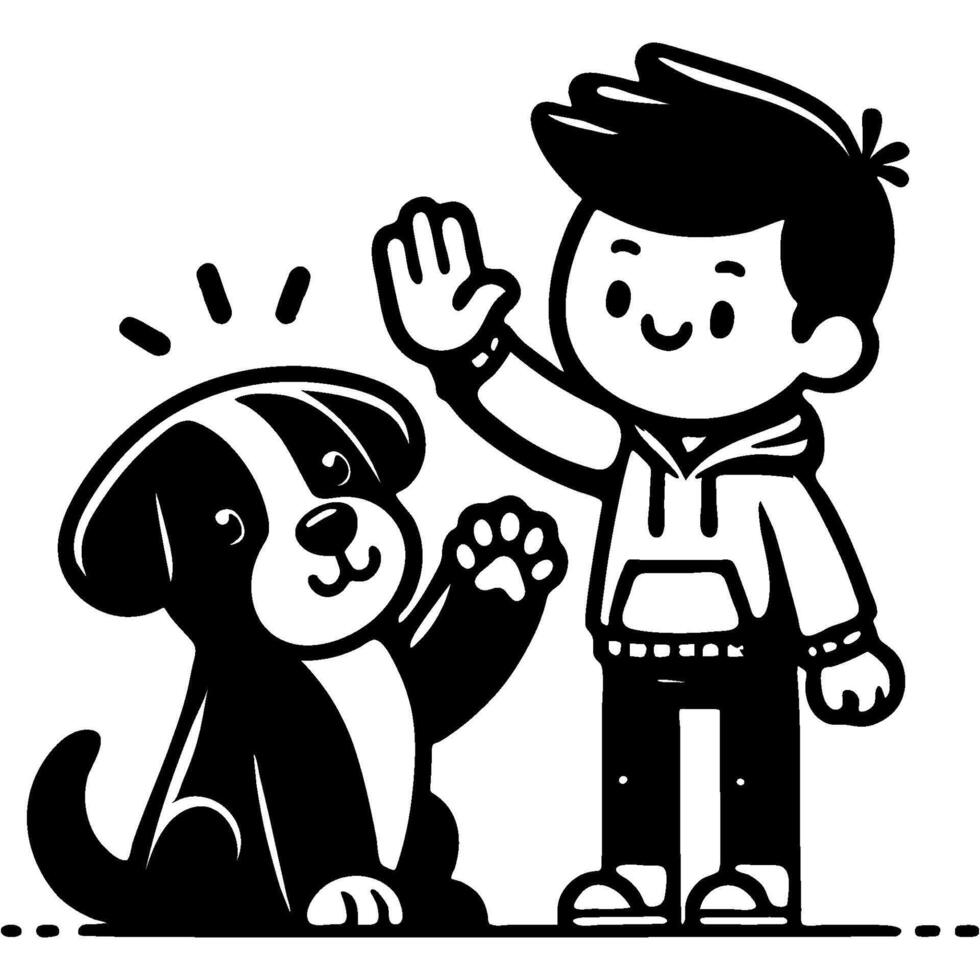 Boy owner and dog friendly route paw to those meeting or seeing off in monochrome. Simple minimalistic in black ink drawing on white background vector