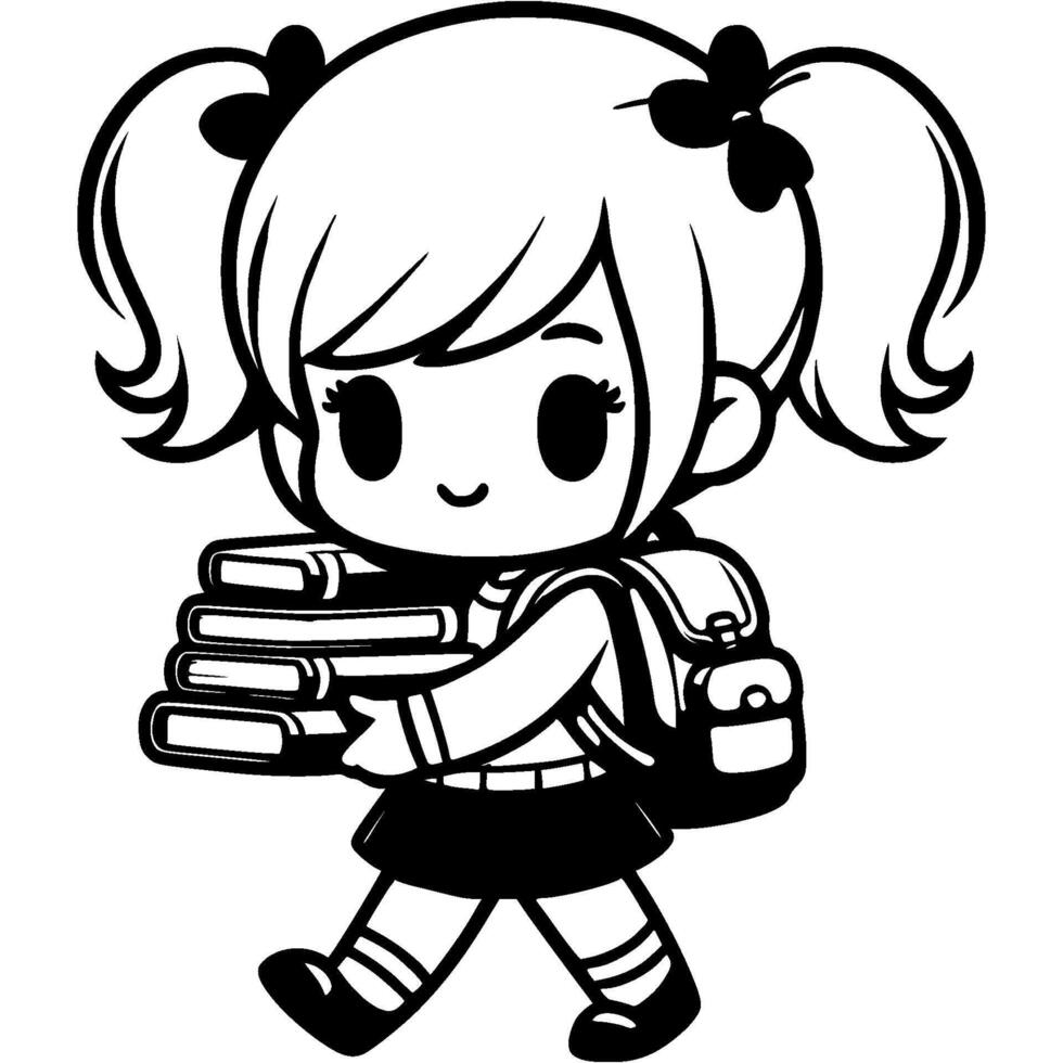 Girl primary school student carrying backpack and stack of books in monochrome. Simple minimalistic in black ink drawing on white background vector