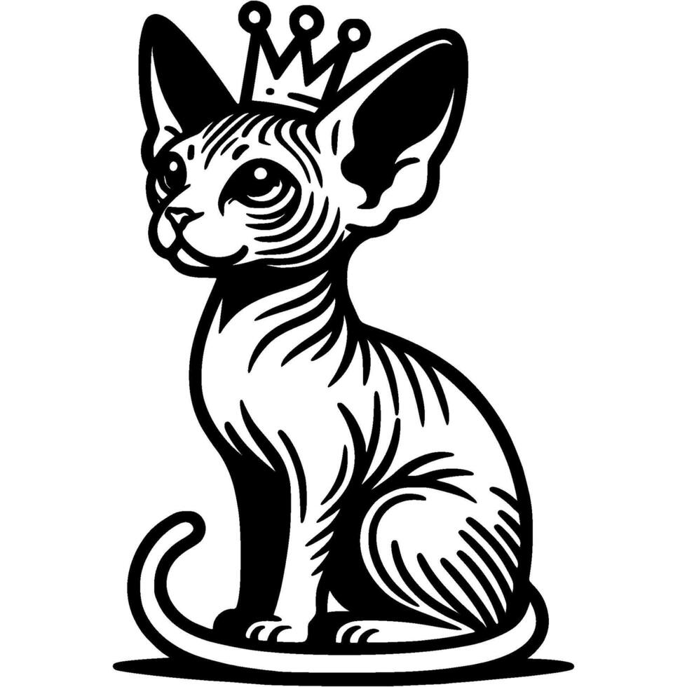 Sphinx kitten sits with crown on head in monochrome. Simple minimalistic in black ink drawing on white background vector
