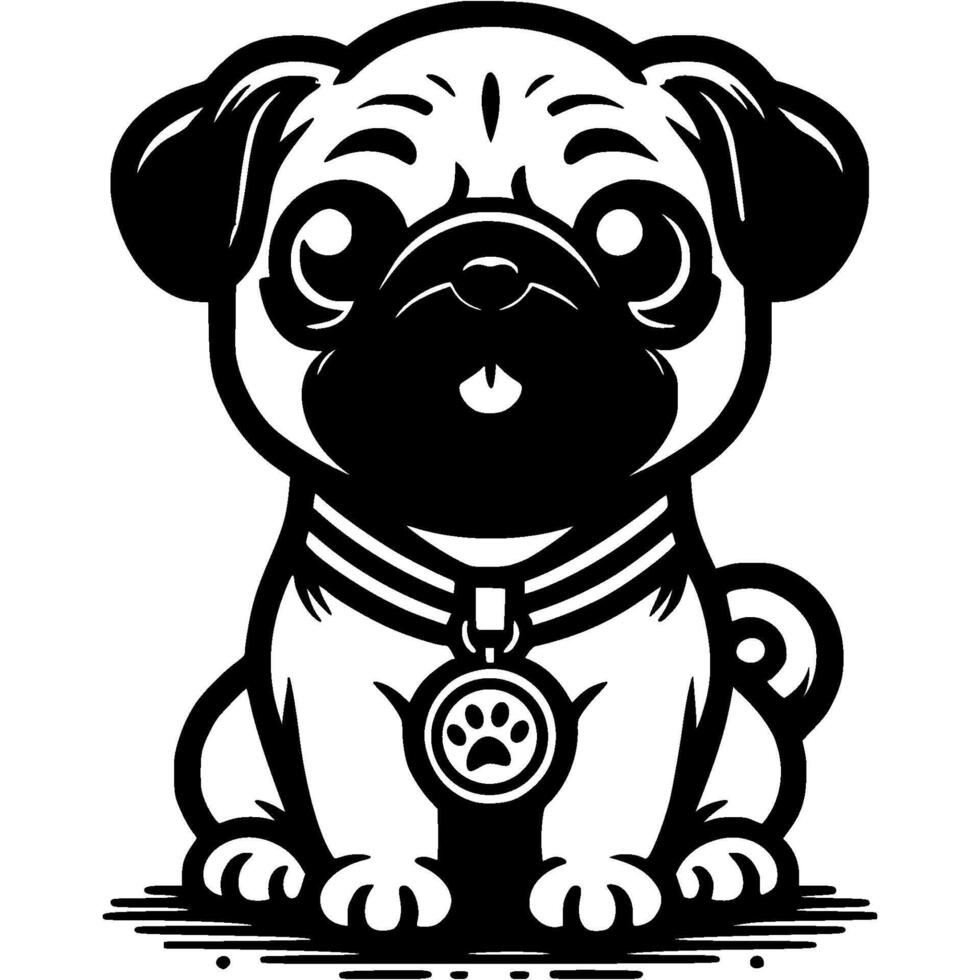 Pug puppy with dog show winner medal worn around its neck in monochrome. Simple minimalistic in black ink drawing on white background vector