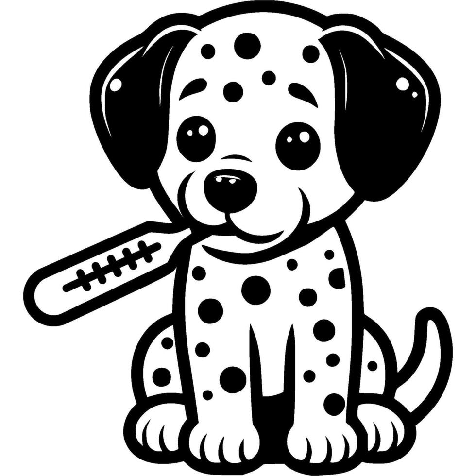 Sick Dalmatian puppy does not hold thermometer in mouth and measures temperature in monochrome. Simple minimalistic in black ink drawing on white background vector