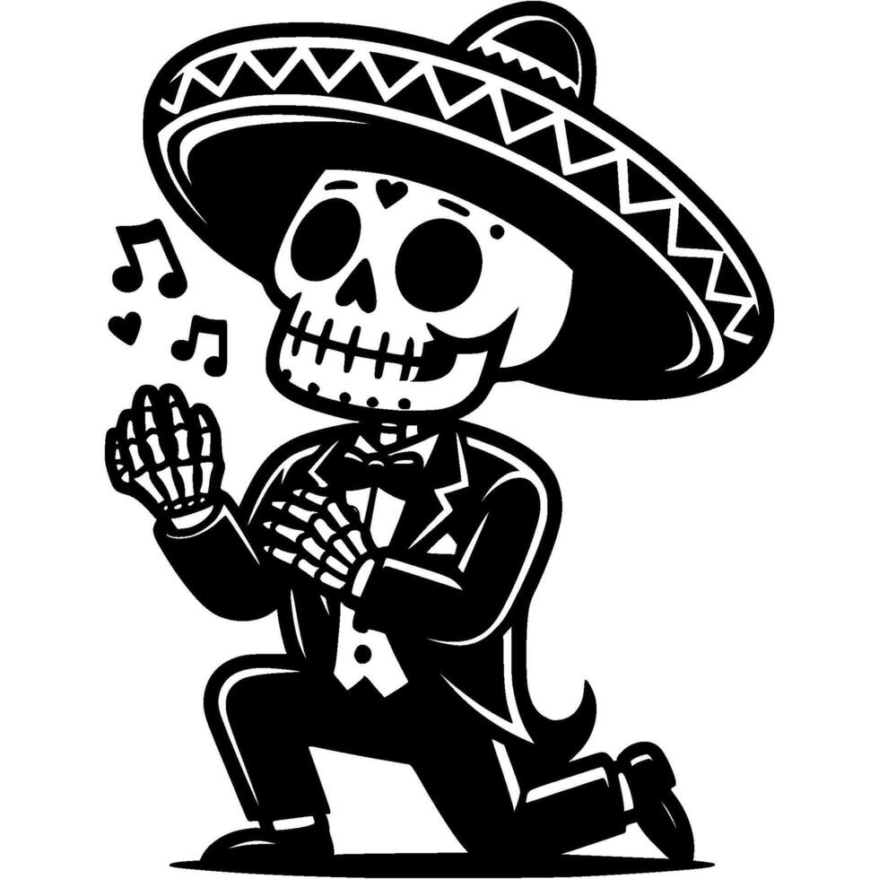 Mexican singer in black suit and wide hat wearing skeleton mask stands on one knee and sings serenade in monochrome. Simple minimalistic in black ink drawing on white background vector