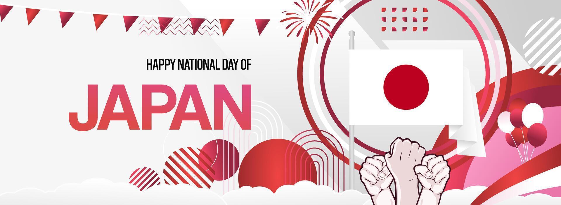 Japanese national day banner with country flag and raised hands. Illustration for public holidays, greeting cards, sports and music event posters, festival event backgrounds vector
