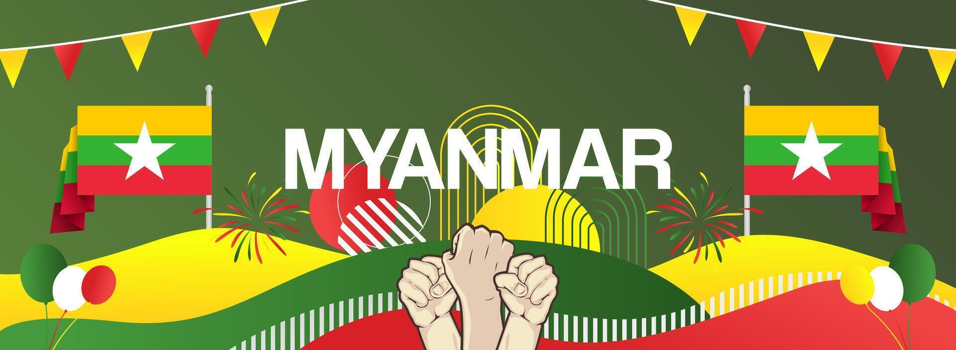 Happy Myanmar national day in attractive ornaments. Wide independence day banner, can also be used as a greeting card and sports event poster vector