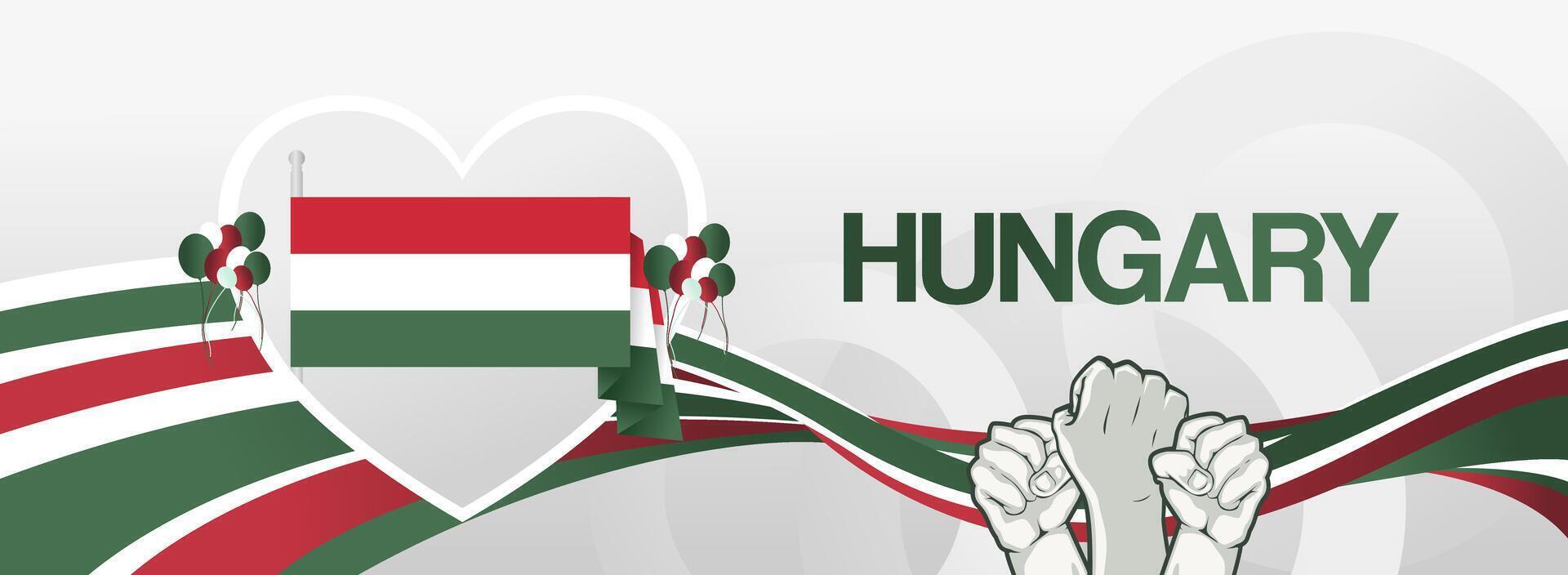 Illustration of Hungarian independence with love symbol and country flag. Modern banner in flag colors suitable for use as public holiday greeting card. vector