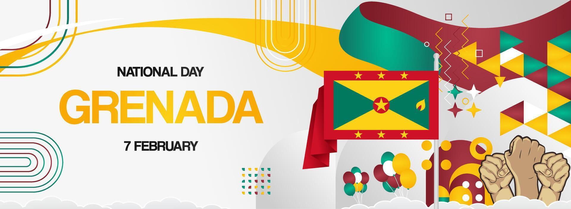 Modern geometric background for Grenada national day or independence day with hands raised in enthusiasm. vector