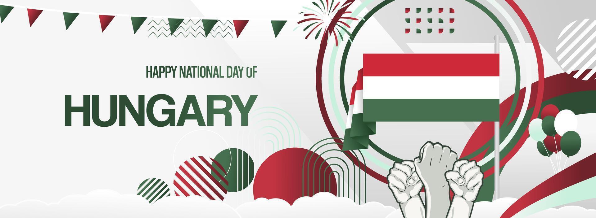 Happy Hungary national day with country flag and raised hands. Interesting greeting card in Hungarian national flag colors vector