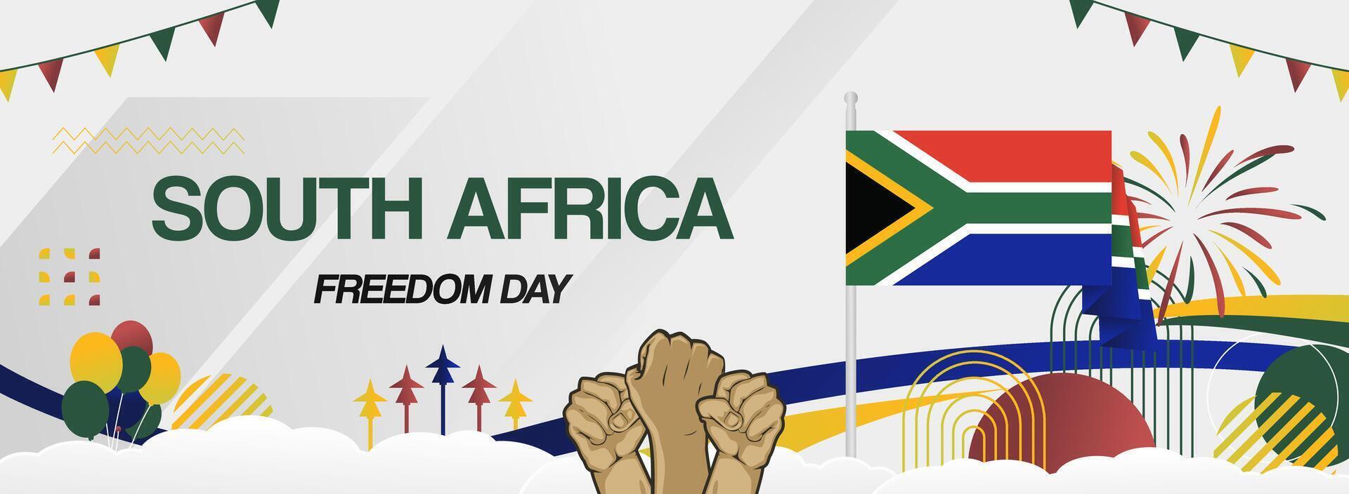 Wide banner to celebrate South Africa freedom day with festive ornaments and national flag vector