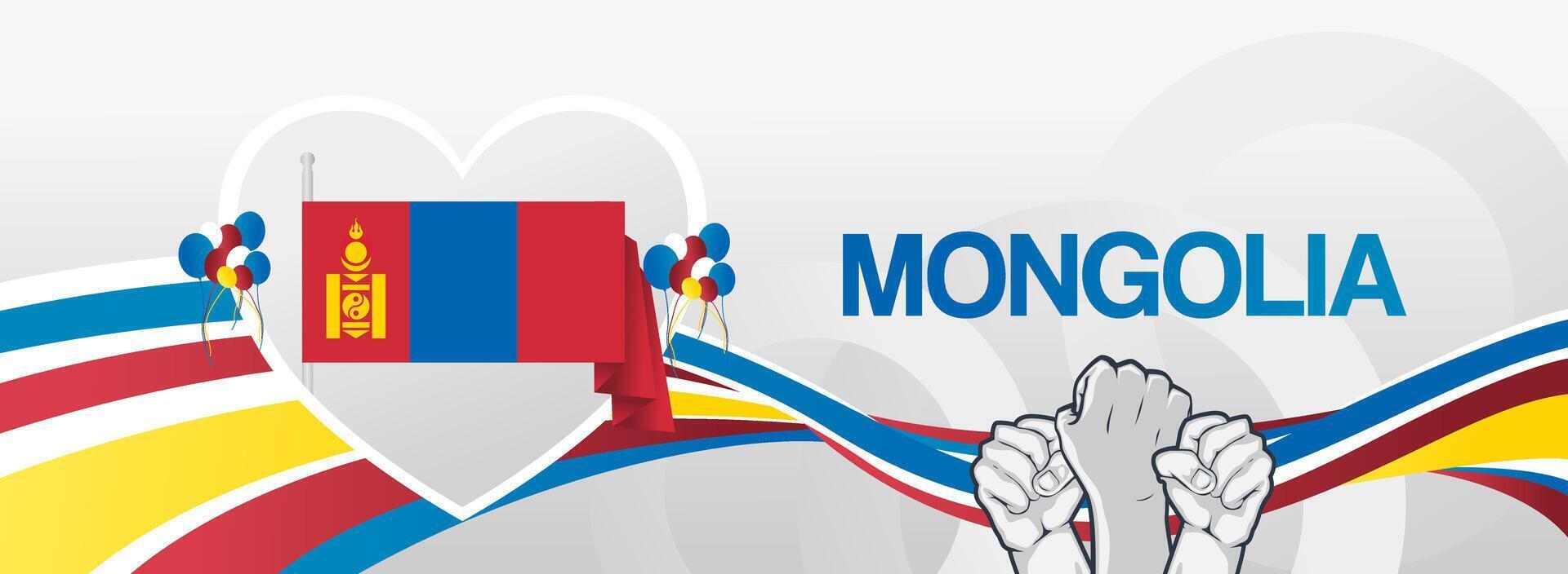 Mongolia national day banner with raised hands, love symbol and country flag. Suitable for greeting cards, web headers or other events vector