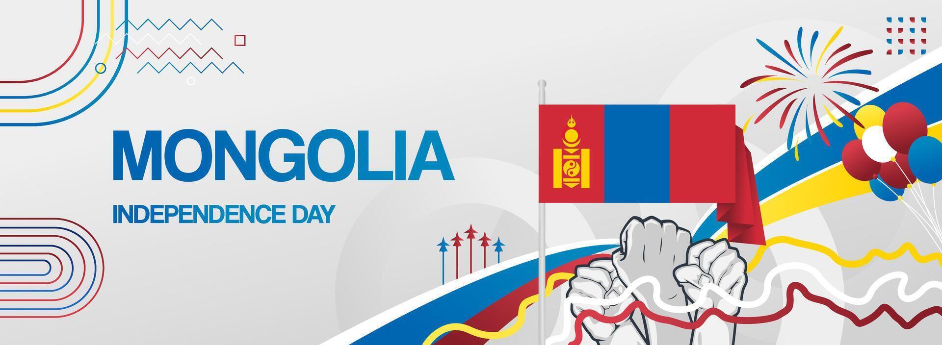 Modern banner for Mongolia national day with flag. Abstract background for holiday celebration, independence day greeting card, poster sport and music event. Horizontal templates vector
