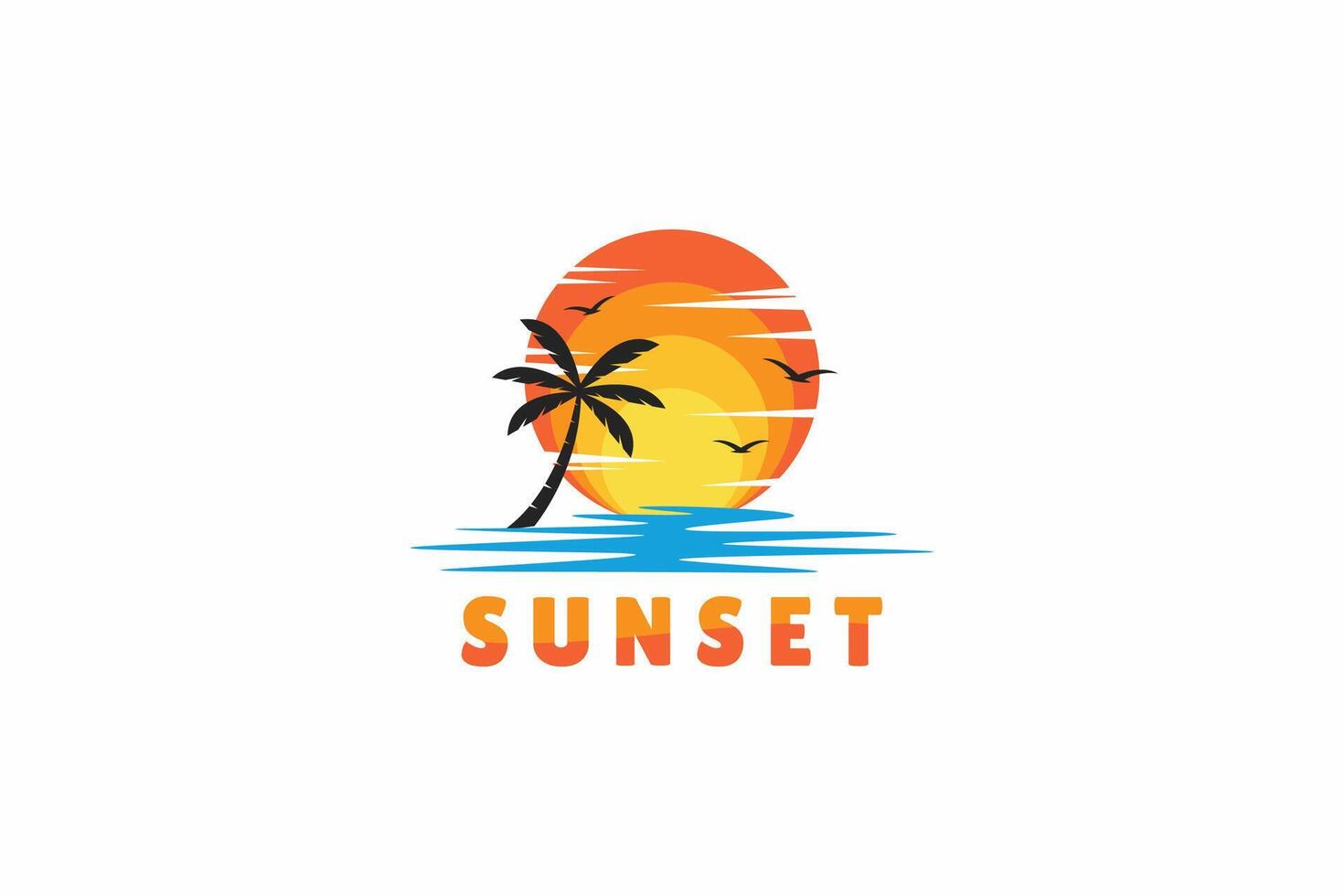 Logo Sunset Beach with Silhouette Palm Tree Abstract Illustration vector