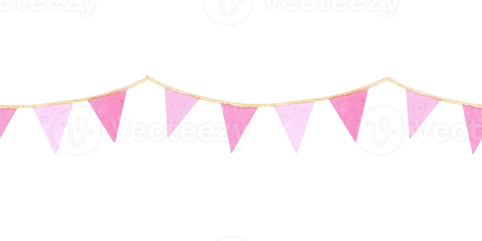 Watercolor seamless border with a garland of pink flags. Hand drawn border isolated on white background. Design of greeting cards, party decoration, invitations, birthday. Cute girly style png