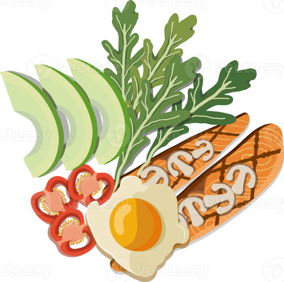 Salmon Steak and avocado with tomato salad, healthy food Illustration. png