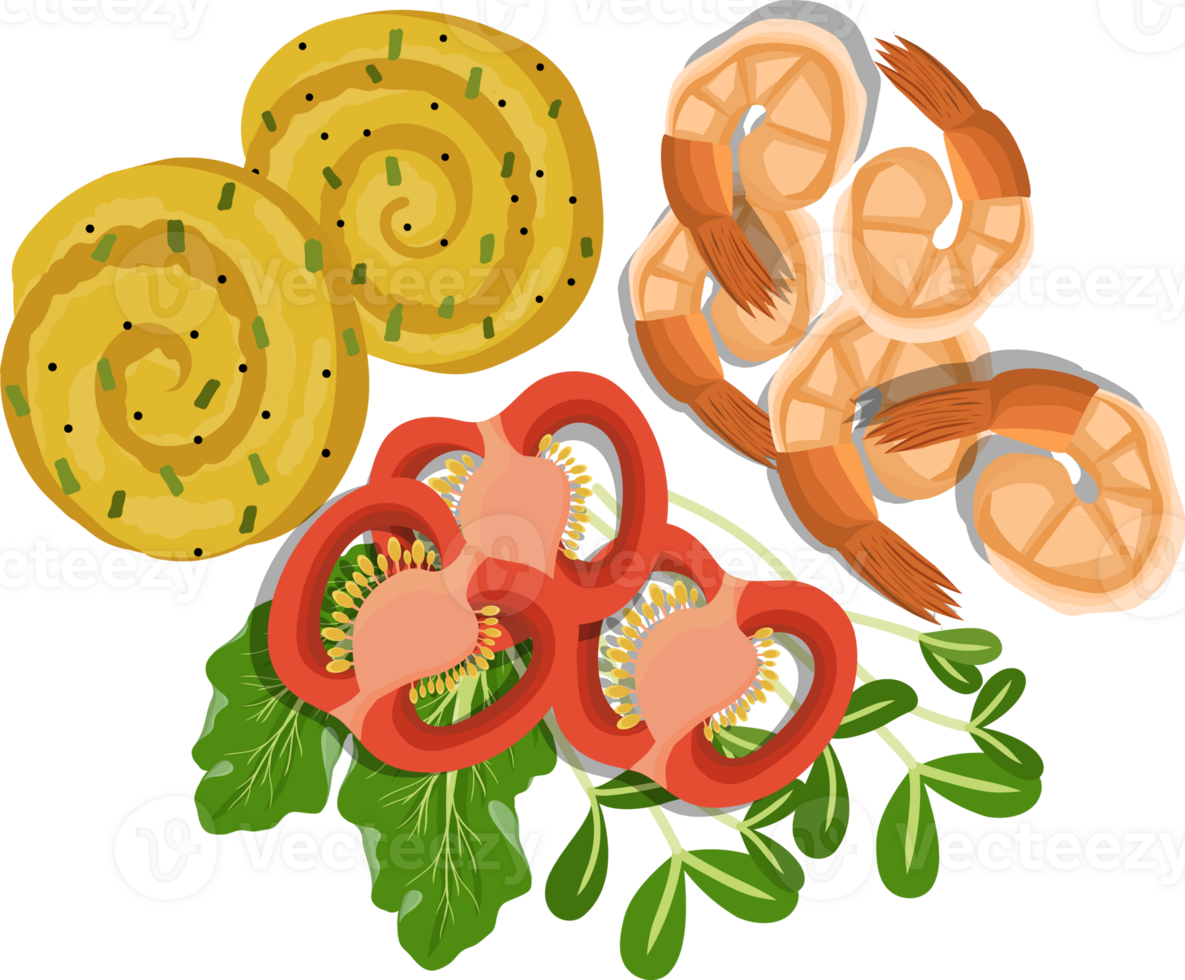Egg Roll with Grilled shrimp salad, healthy food clean illustration. png