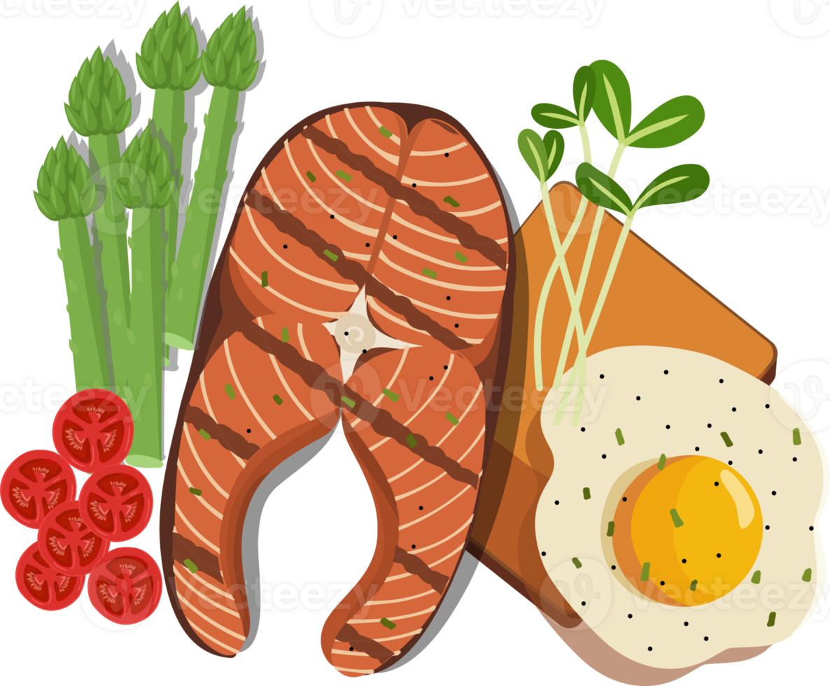 Salmon Steak and Egg Sandwich with tomato salad, healthy food, clean food Illustration. png