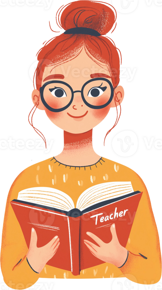 A cartoon girl with glasses reading a book with the word teacher png