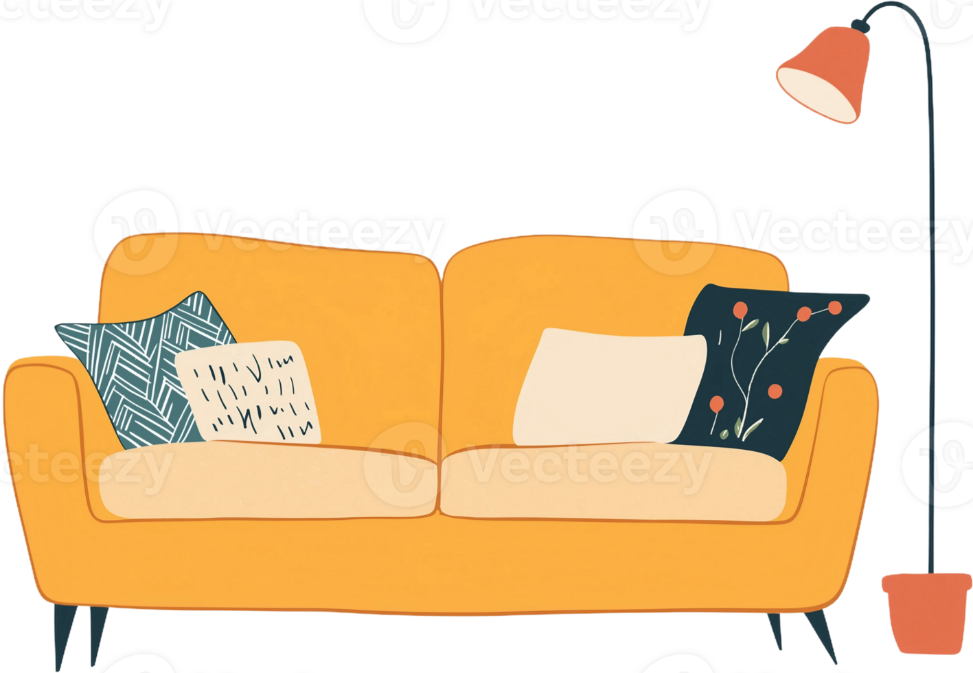 An orange couch with pillows and a lamp png