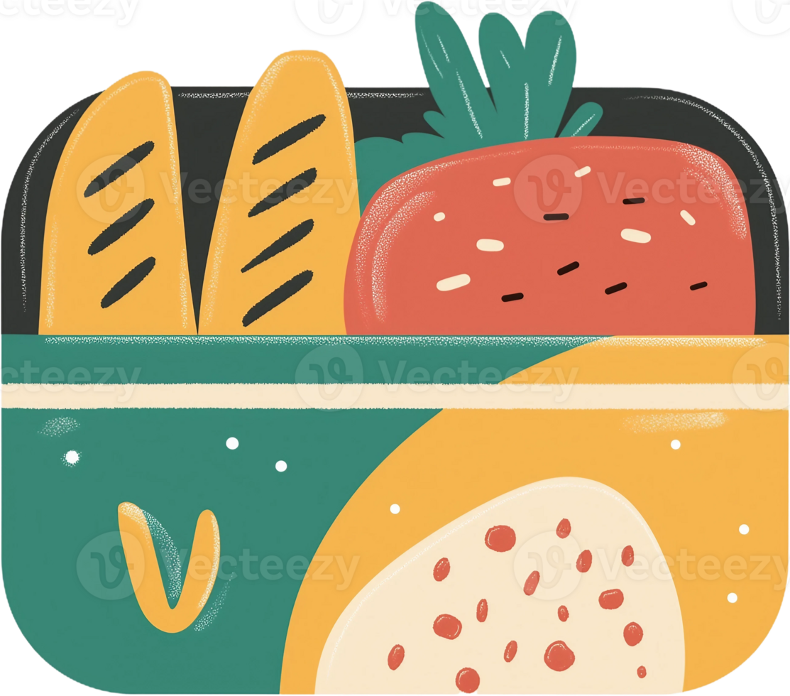 A lunch box with bread, fruit and vegetables png