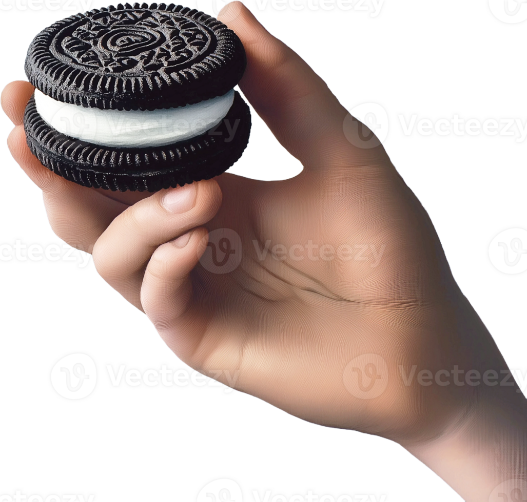 A hand holding an oreo cookie png