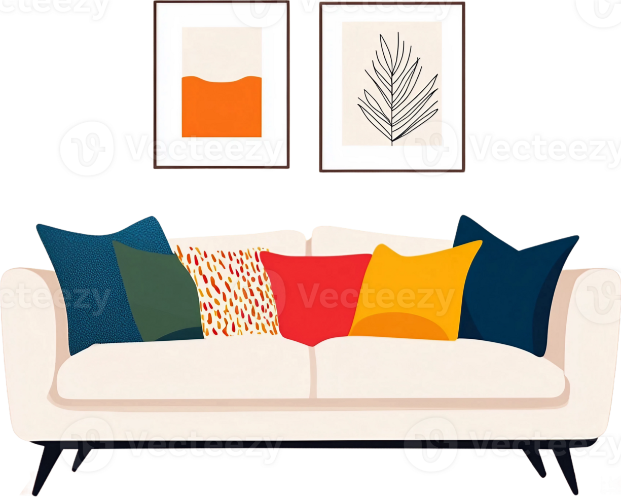 A white couch with colorful pillows and two framed pictures png