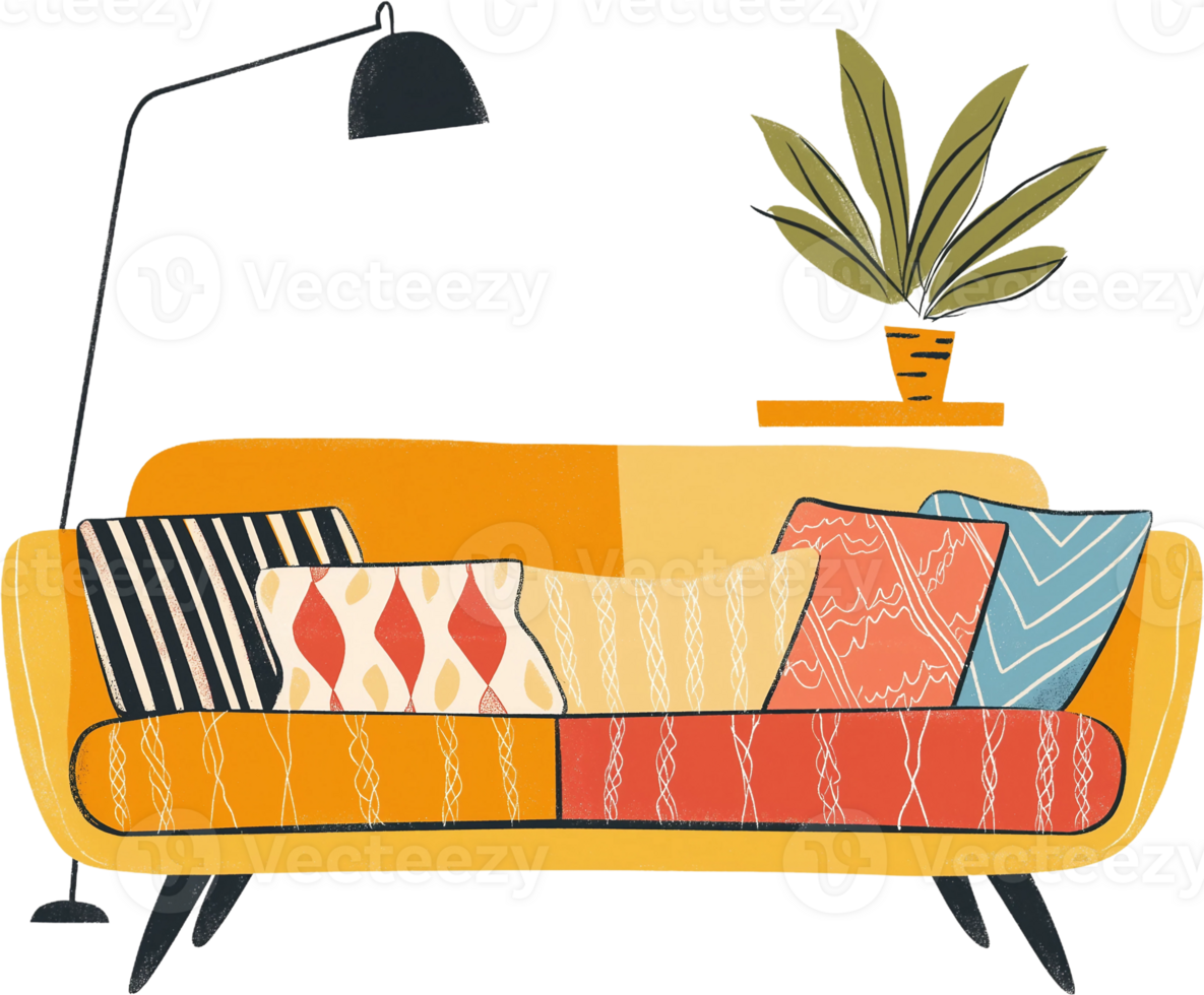 An illustration of a couch with pillows and a lamp png