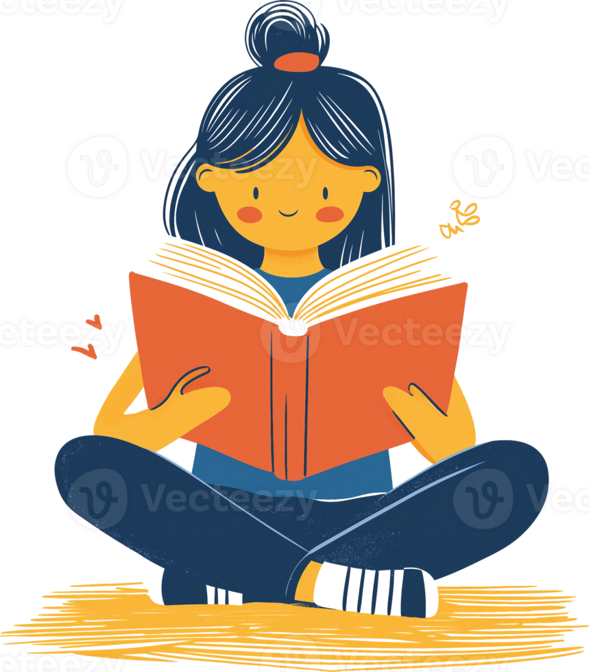 Illustration of girl reading book png