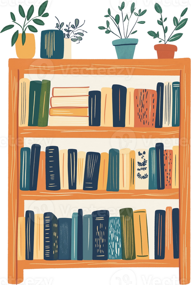 An illustration of a book shelf with books and plants png