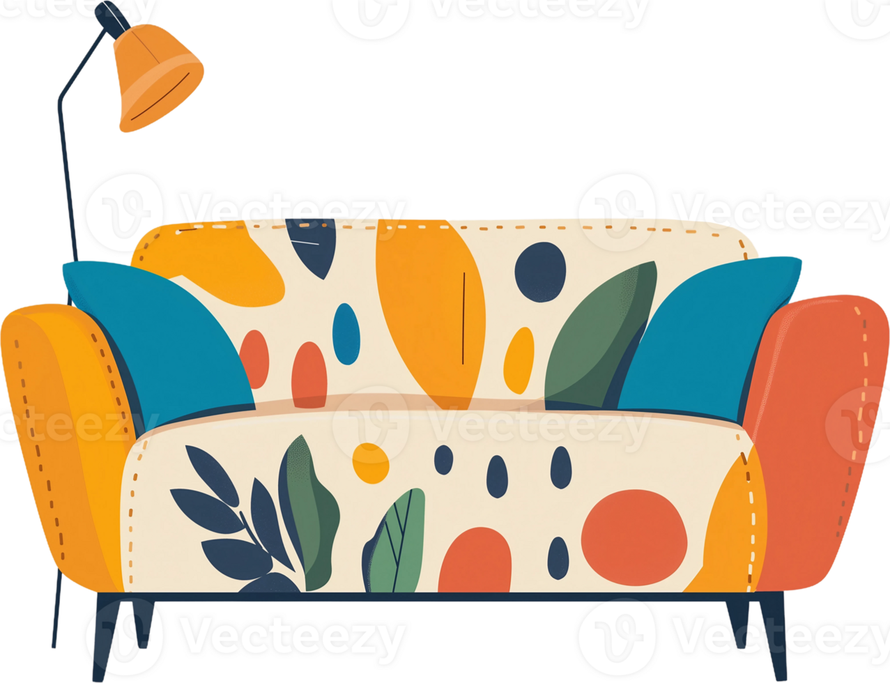 An illustration of a colorful couch with a lamp png