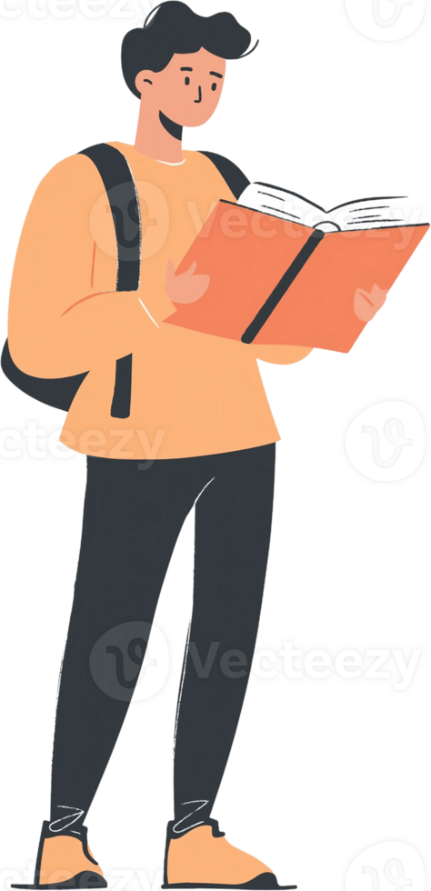 A man with a backpack is reading a book png