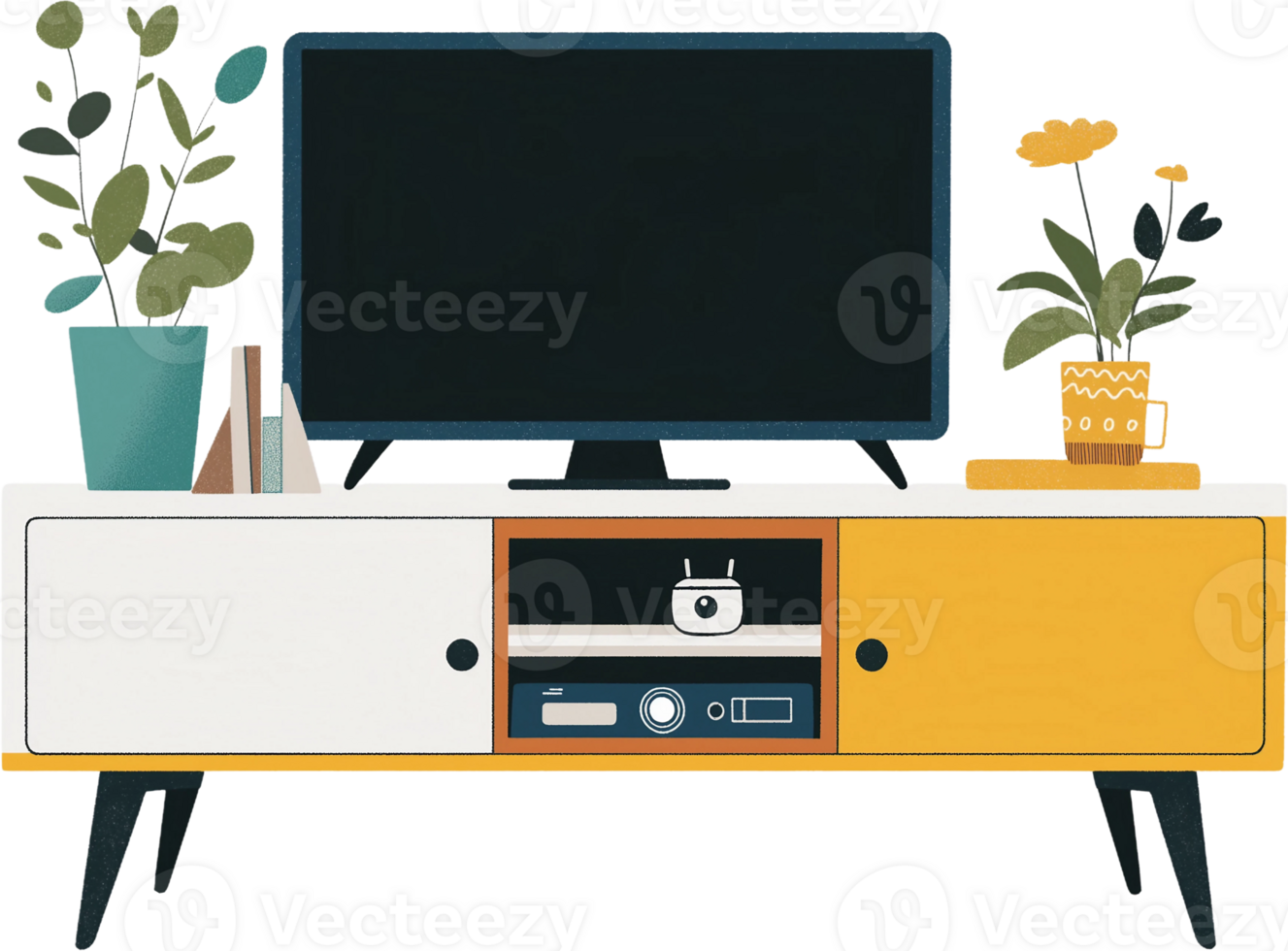 Tv stand with flowers and plants png