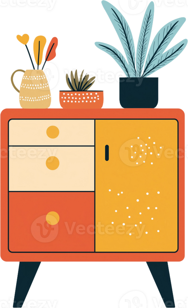 An orange cabinet with a plant and a vase png
