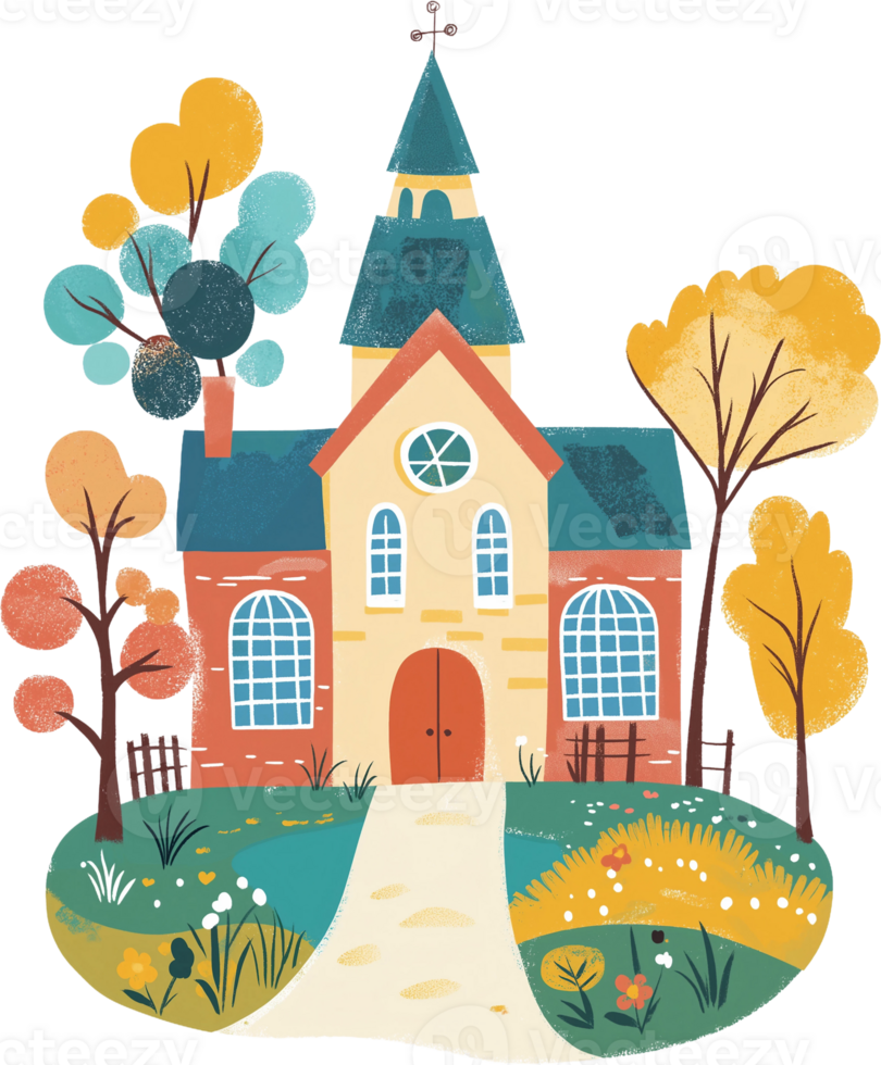 An illustration of a church with trees and a path png
