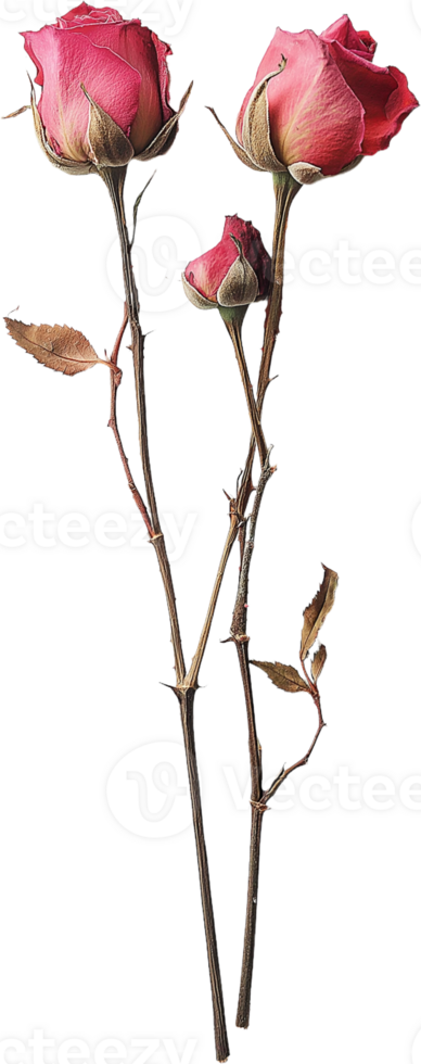 two dried red roses on a stem with leaves png
