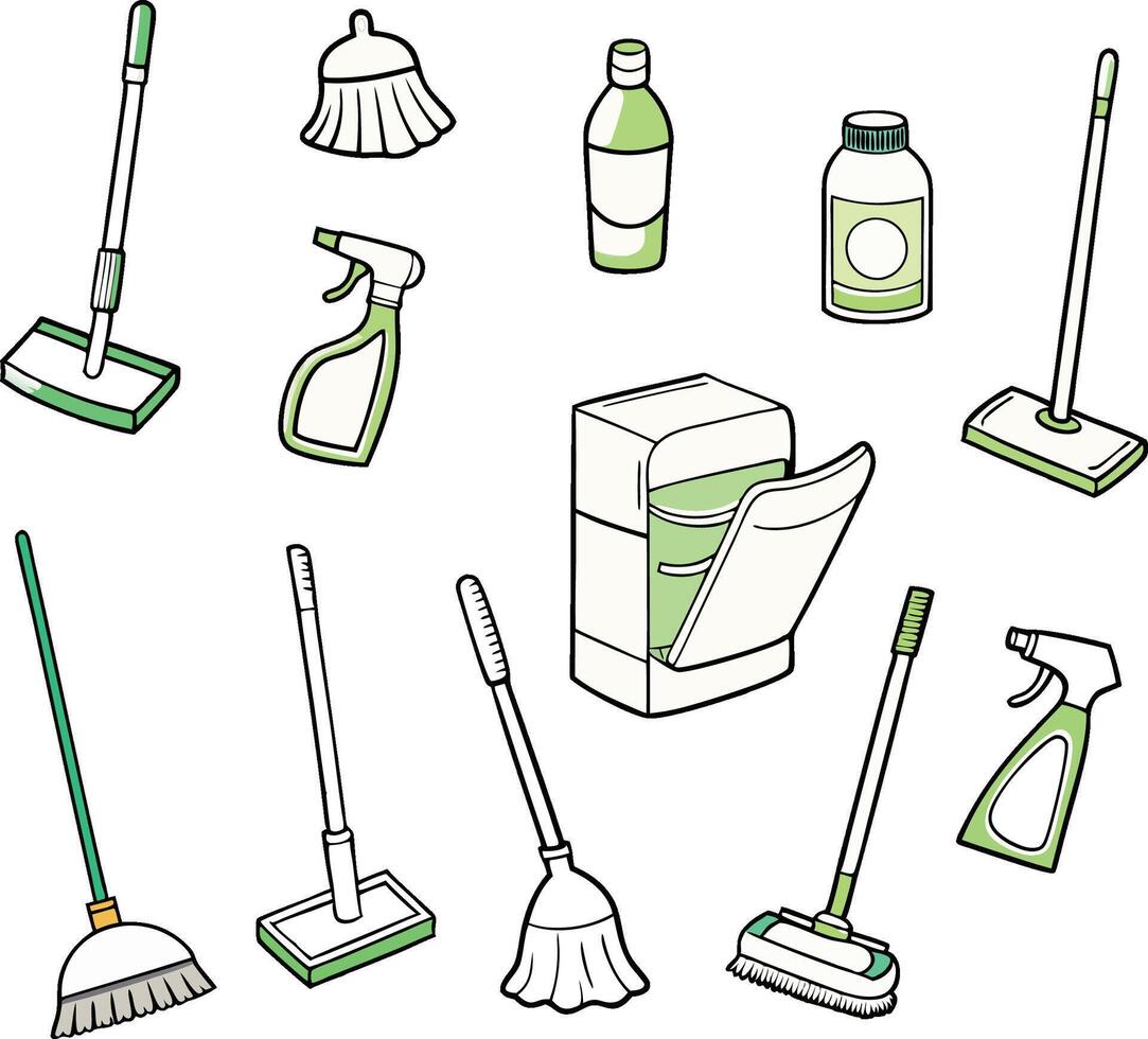 Cleaning supplies hand drawn doodle icons set vector