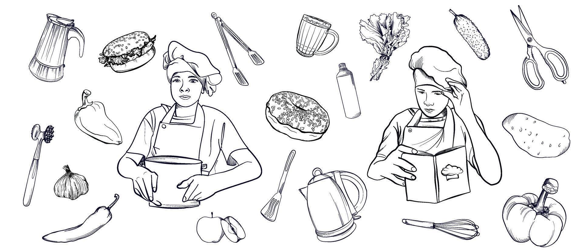 a set of black and white hand-drawn drawings of a chef in uniform with cooking tools vector