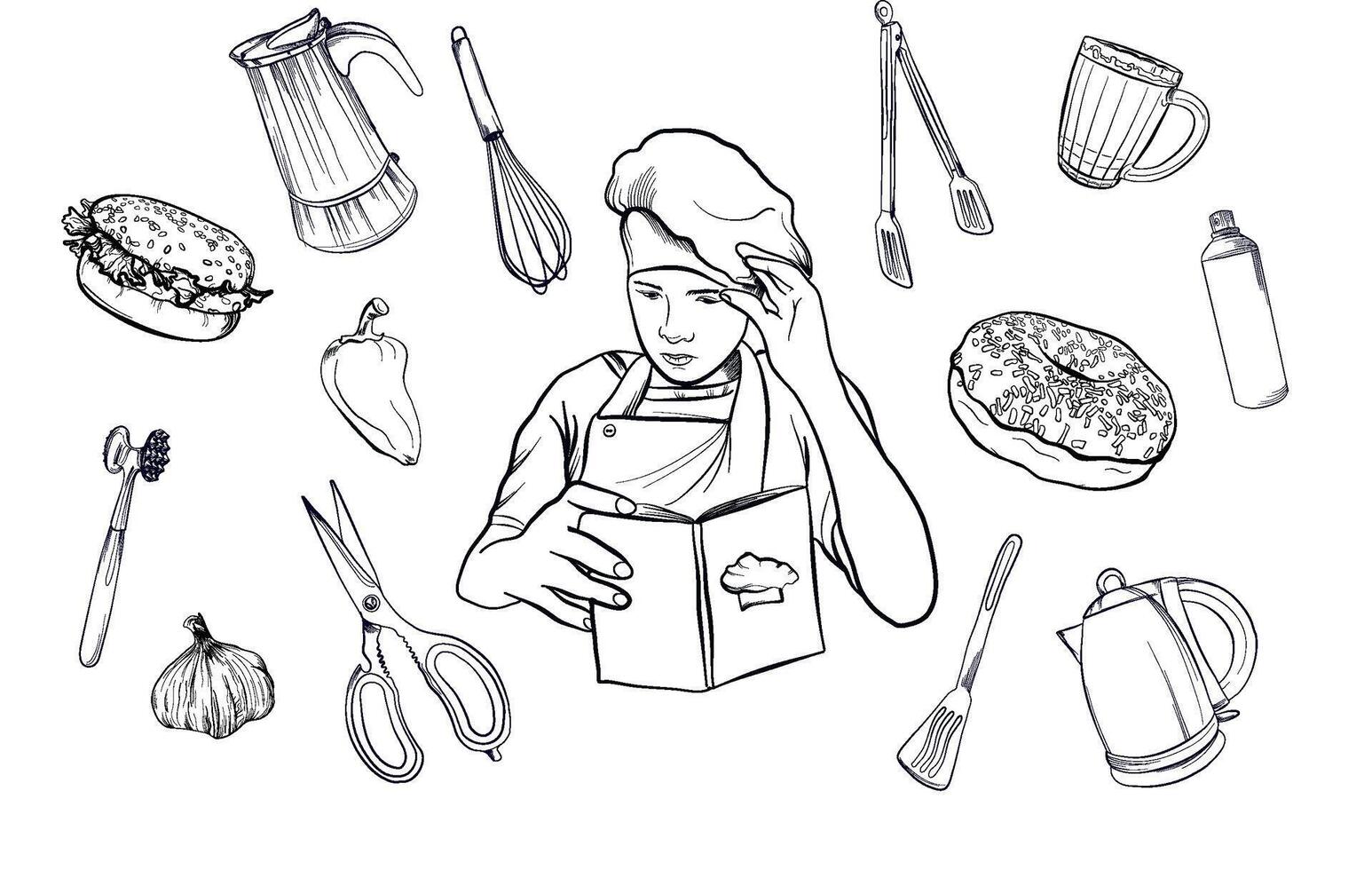 a set of drawings by the hand of a young chef looking at a book with recipes of dishes surrounded by objects for cooking vector