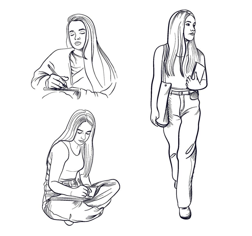 a set of hand-drawn drawings of a schoolgirl girl, a student writing in a notebook walking with books in her hands vector