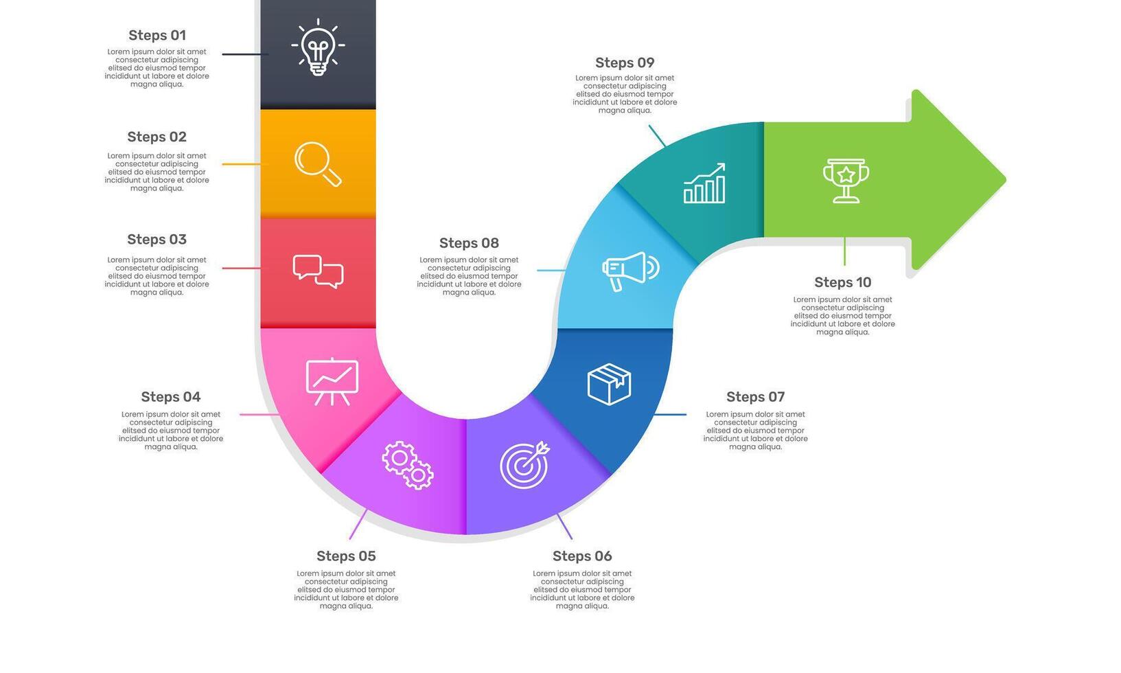Business Presentation 10 Steps to Success. Infographic Arrows design template. Strategy, Marketing, Report and Plan. vector