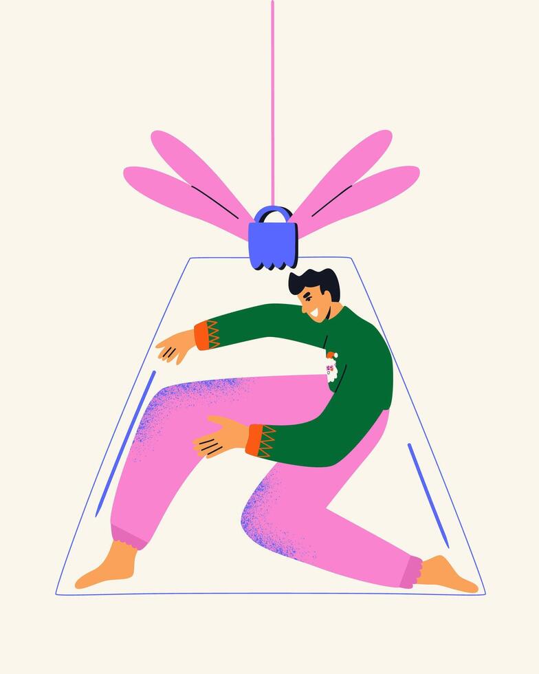 Man dancing in bell christmas toy. New year card with boy in a sweater with Santa. Cartoon illustration for t shirt, card, print. vector