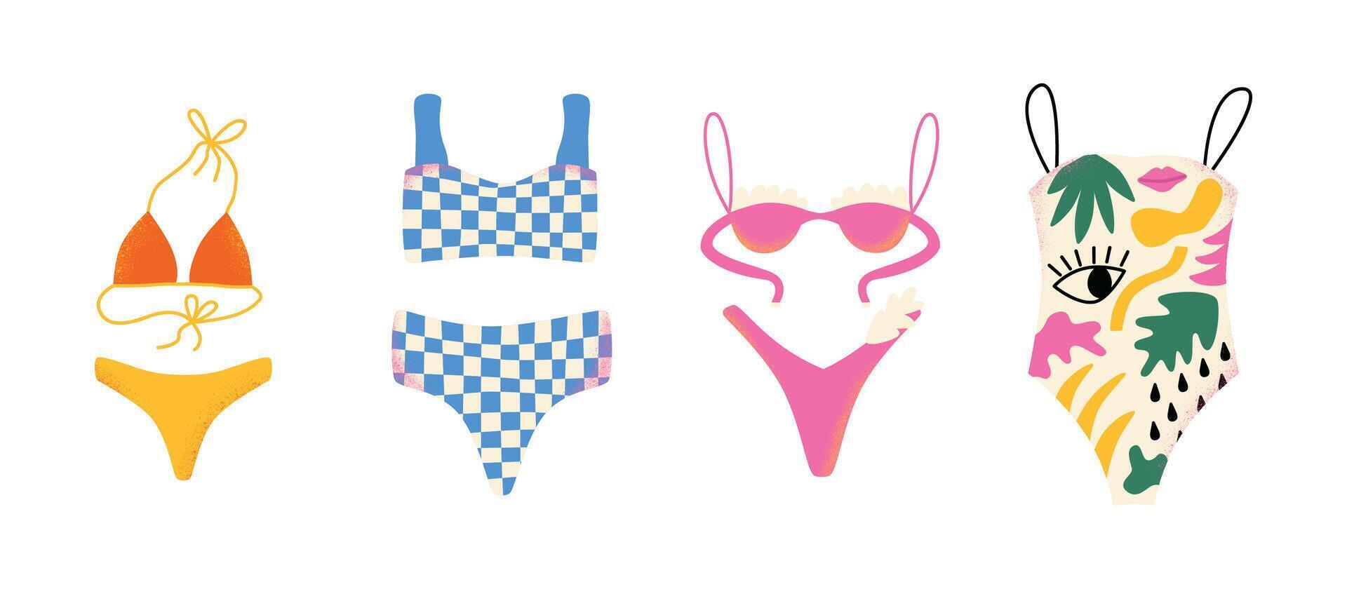 Swimsuits bundle isolated on white background. Summer cartoon colorful illustration. vector