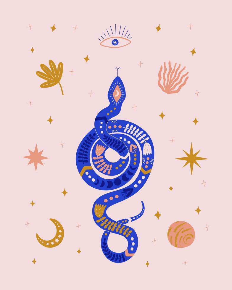 Isolated boho snake with eye, moon, star and plants. Esoteric serpent. Illustration for print, poster, banner, greeting card. vector