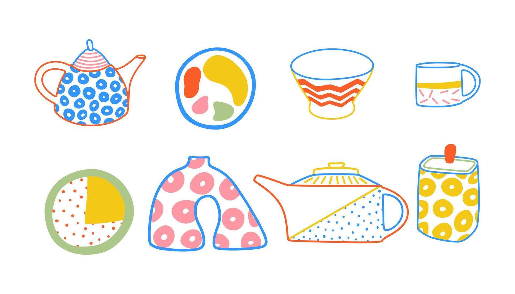 Bundle of different kitchenware tools in bauhaus style. Set of decorative tableware items isolated on white background. Illustration. vector