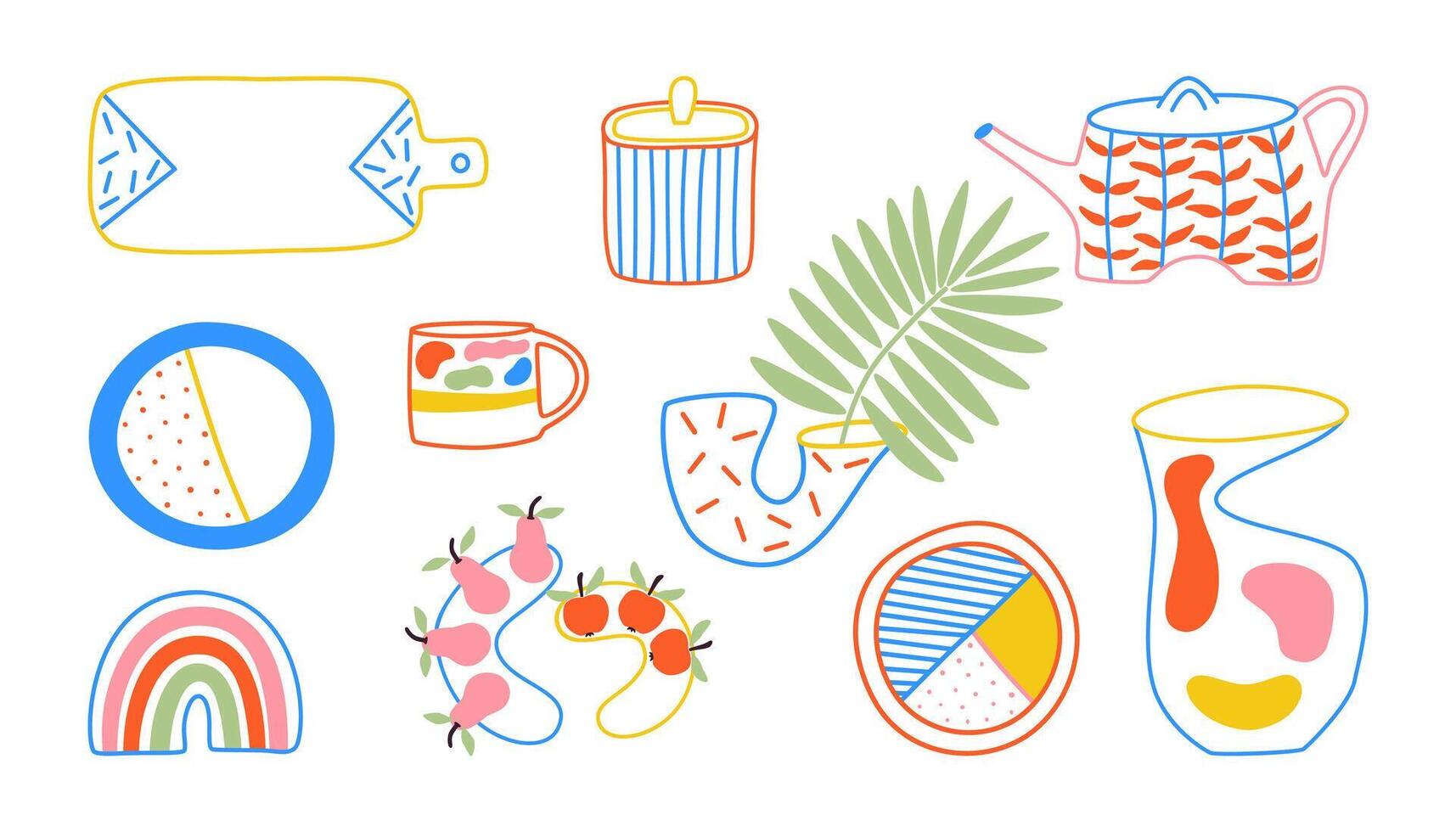 Collection of different kitchenware tools in bauhaus style. Set of decorative tableware items isolated on white background. Illustration. vector