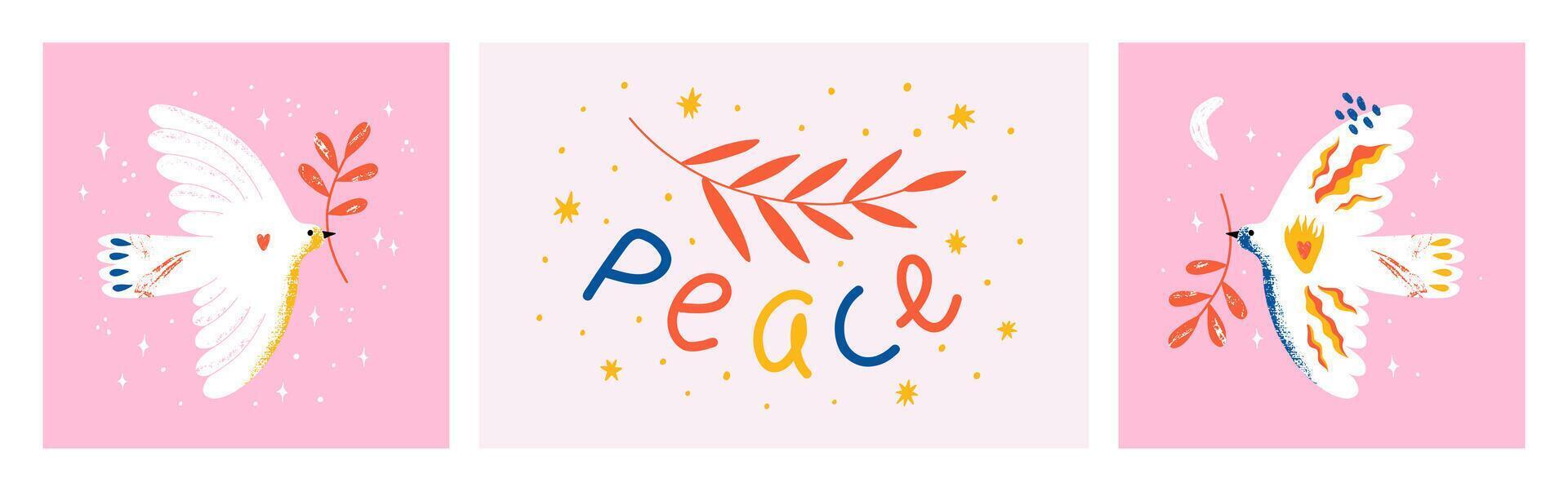 4 Postcards International Day Of Peace. Banners with dove, lettering. Banner, card with symbol of no war, world peace. Illustration. vector