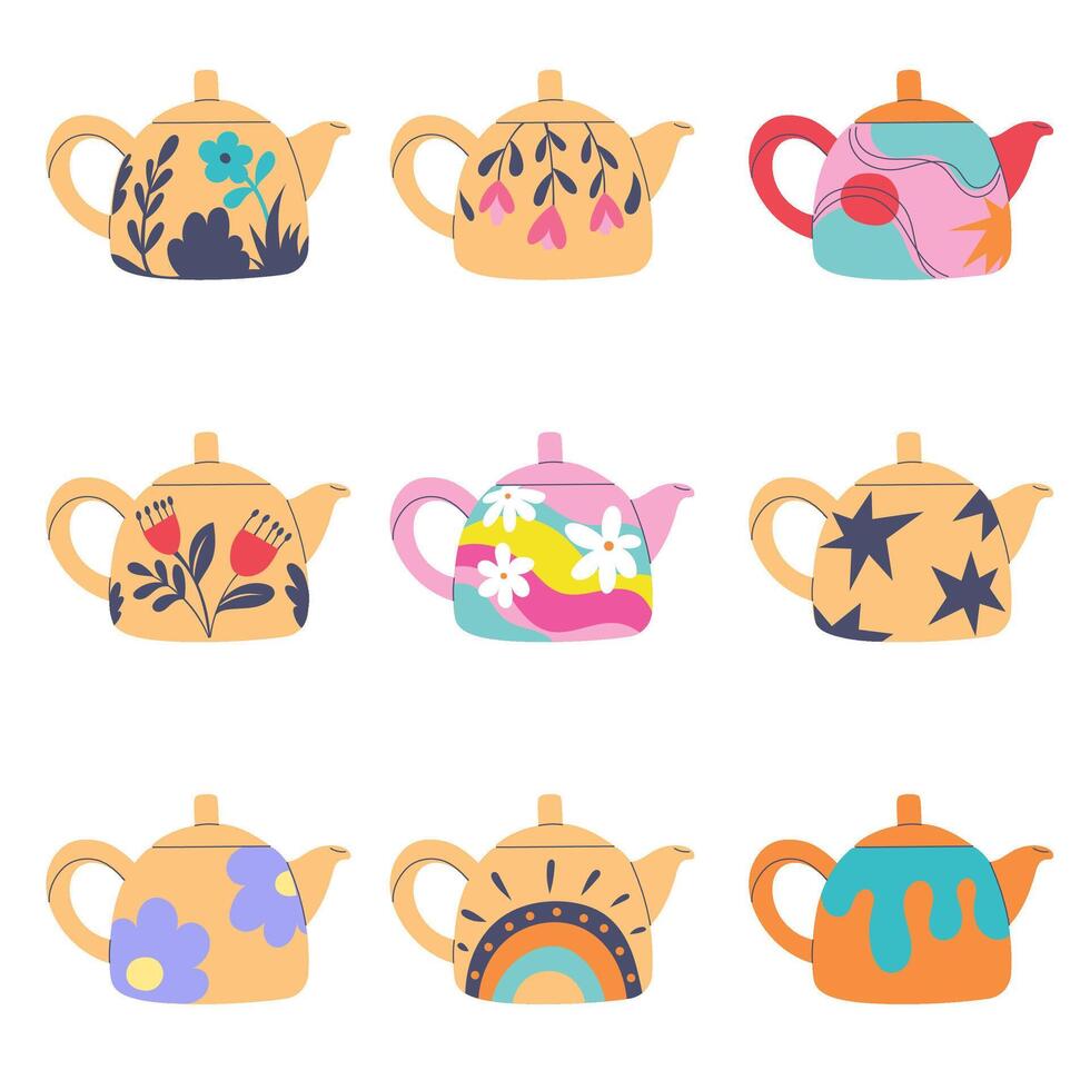 Set of teapot in cartoon doodle flat style. Element for design, posters, fabric patterns, kitchen decor, cafe, dining room, logo vector